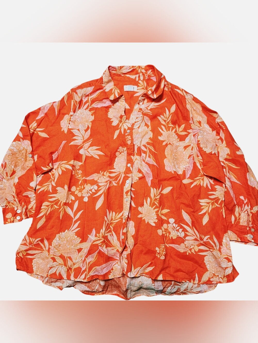 Cynthia Rowley Womens 3X Orange Floral 100% Linen Button Down Roll Tab Shirt - Picture 2 of 6
